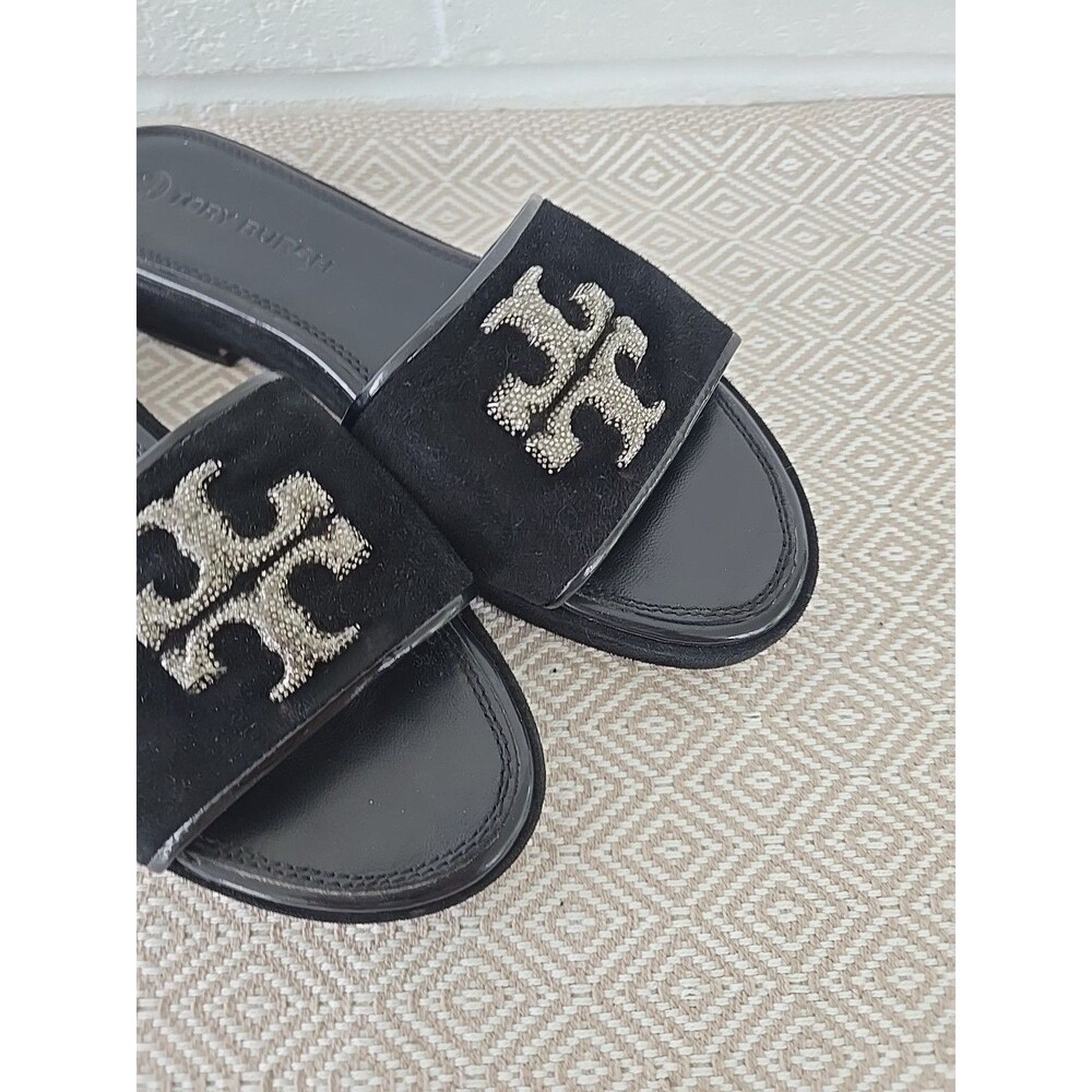 Tory Burch Eleanor Pavé Slide Sandals in Black Suede Crystal Embellished Logos 9 - Picture 7 of 13